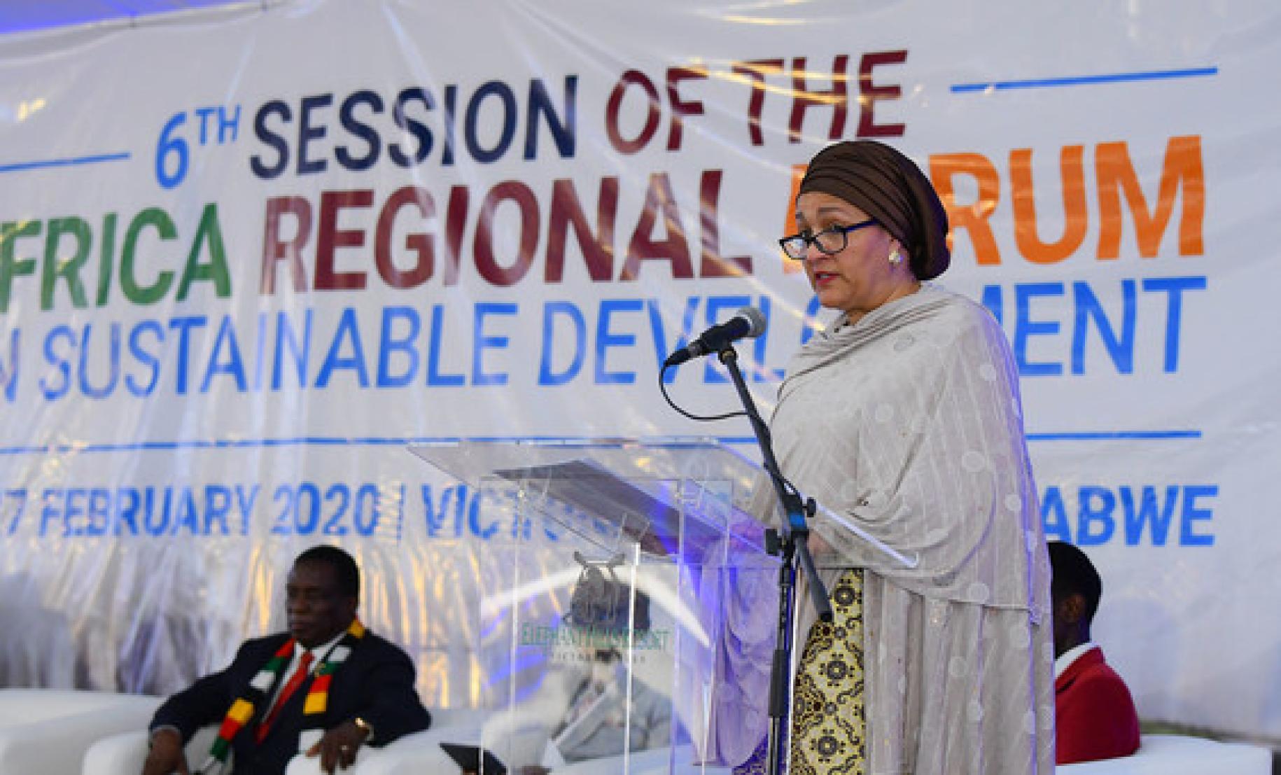 Deputy Secretary-General Amina Mohammed delivers the keynote address at the opening of the 6th African Regional Forum on Sustainable Development in Zimbabwe.