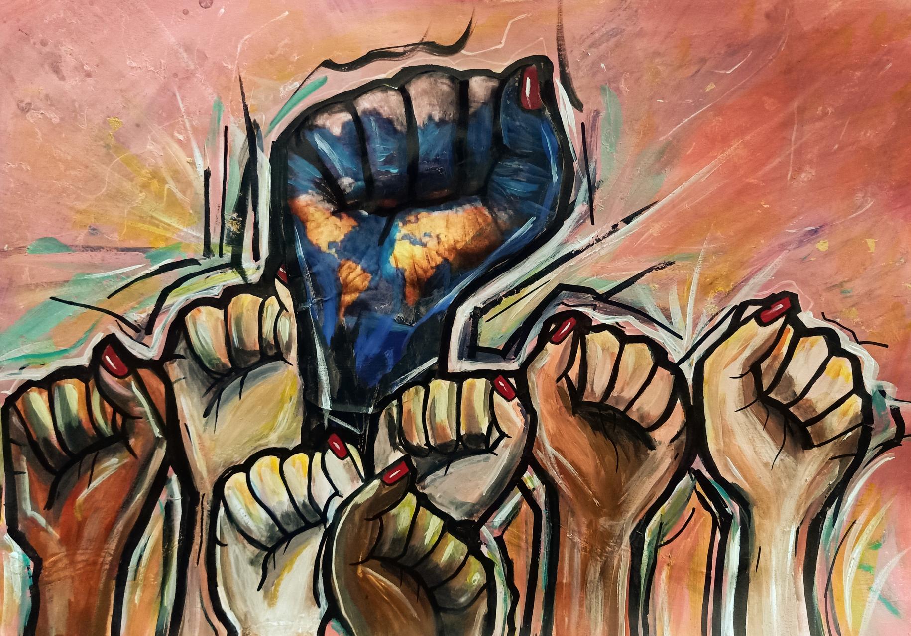 Artwork of painted fists of varying sizes an colours raised in solidarity.