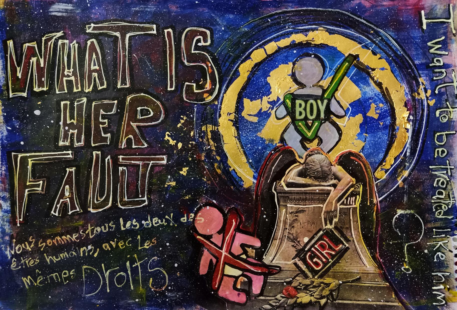 Artwork shows the harm of sex selection through the use of images of boy with a check and girls with an X and messages of emphasizing the dangers of the practice.