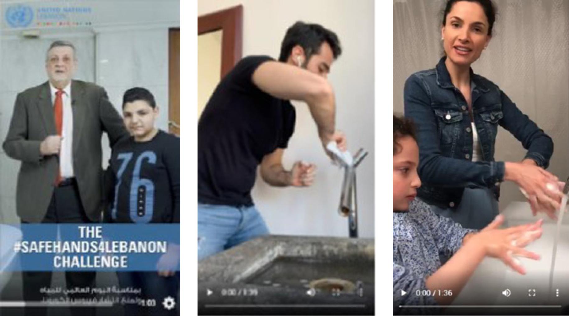 Screen grabs of three videos showing influencers and UN staff participating in the #SafeHands4Lebanon challenge