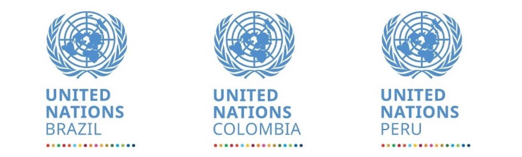 The official UNSDG logos for UNCT teams: Brazil, Colombia and Peru.