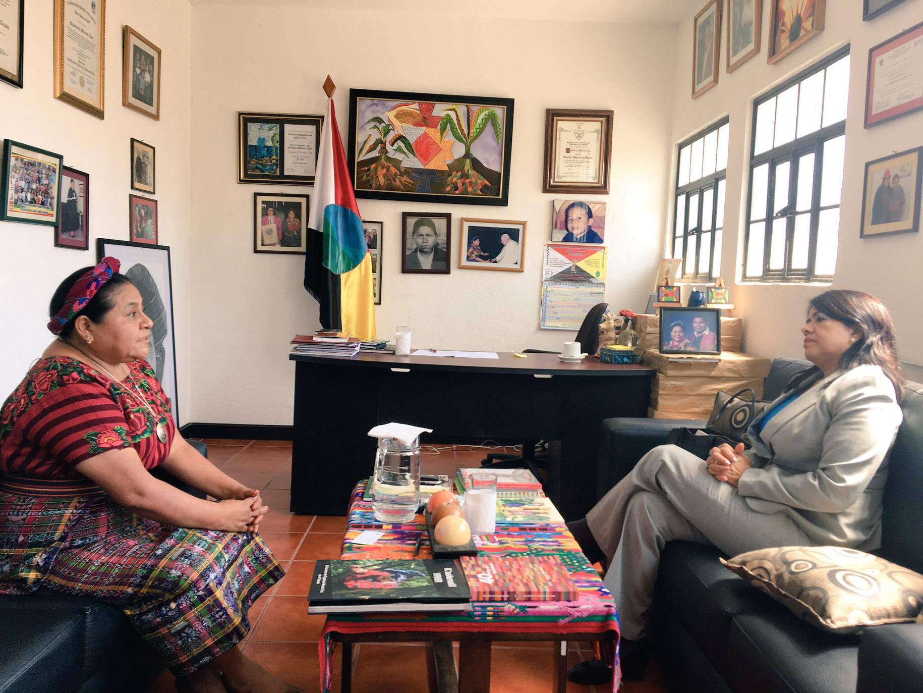 The author, Rebeca Árias, is seen here visiting Rigoberta Menchú Tum a Noble Peace Prize laureate and an advocate of the rights of indigenous people