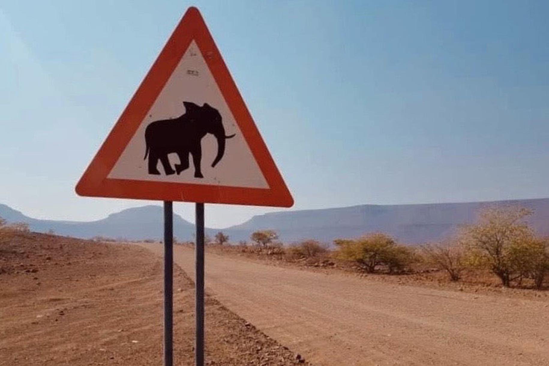 Señal de cruce de elefantes en una zona de conservación en Namibia.