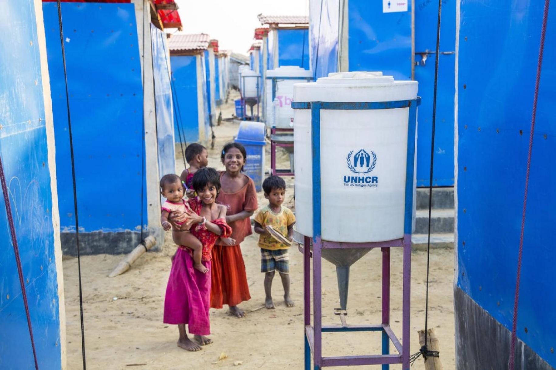 Children at a handwashing station at Kutupalong refugee settlement in Bangladesh. 
