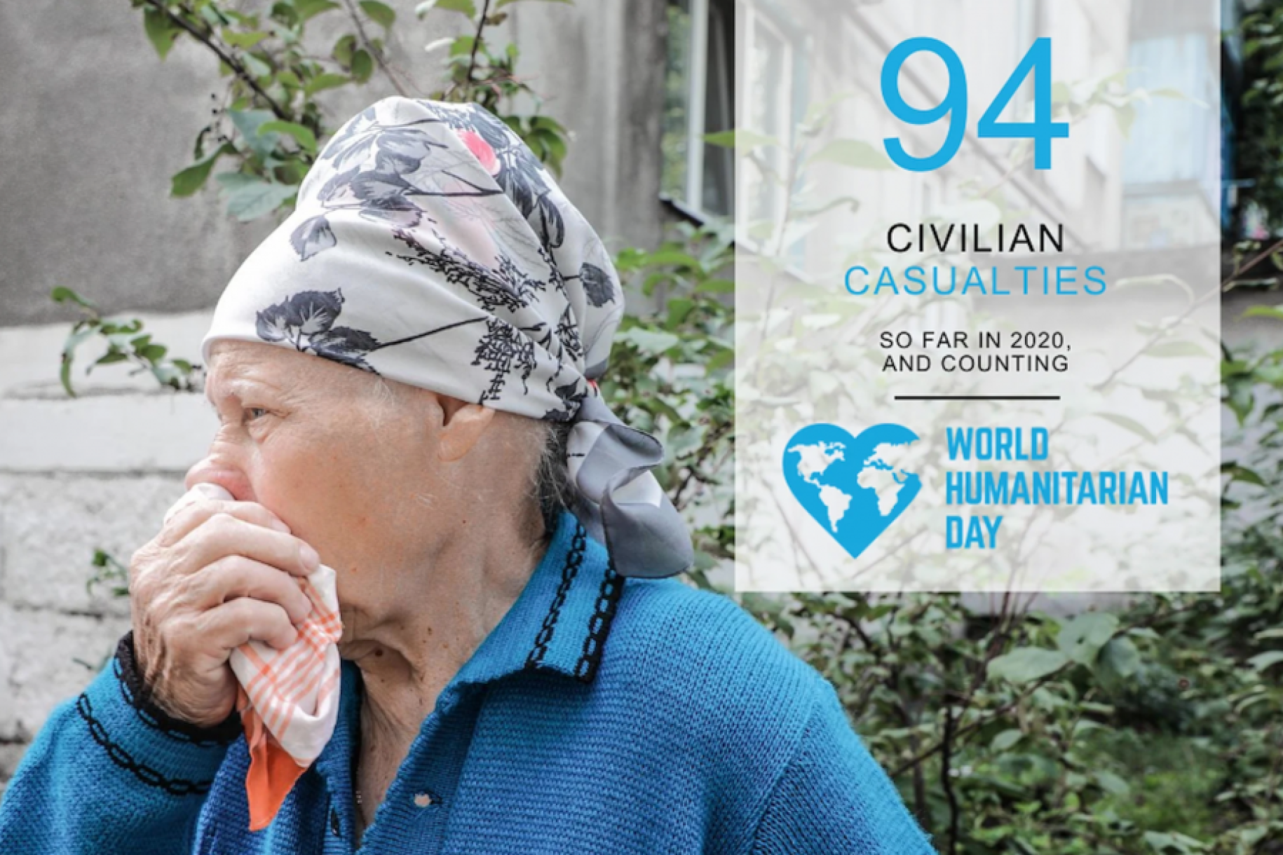 Older woman looks away from the camera while covering her mouth with a cloth napkin. A factoid is placed by her noting there have been 94 civilian casualties so far in 2020.