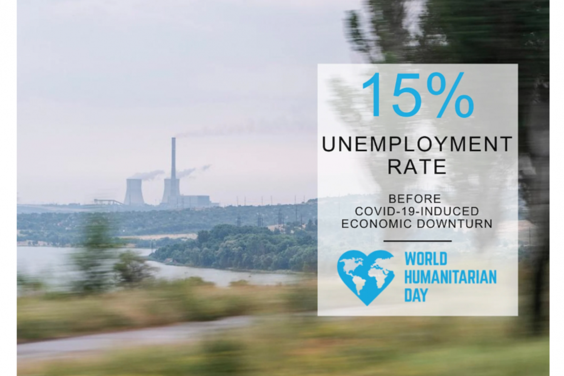 Scenic image from a moving vehicle that shows what looks to be a factory in the background. A factoid on the right reads: 15% unemployment rate before COVID-19 induced economic downturn.