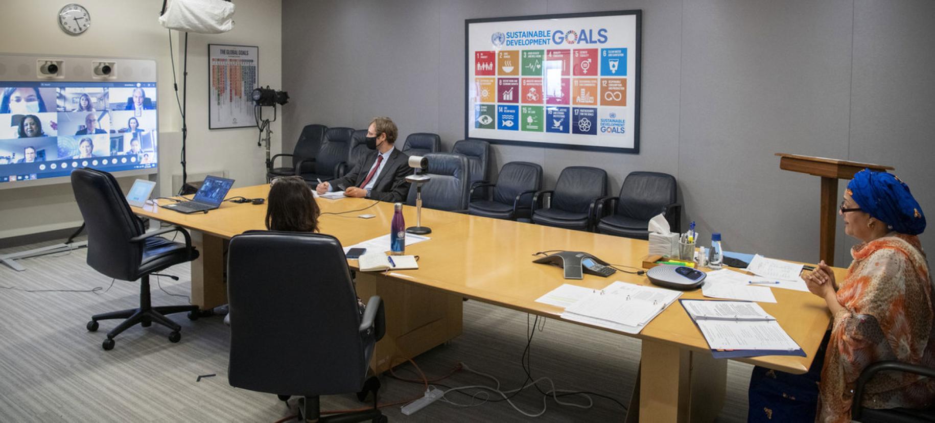 Deputy UN Secretary-General Amina Mohammed takes part in a virtual visit to Colombia. Pictured here, she meets officials, via videoconference, from her office at UN Headquarters in New York.