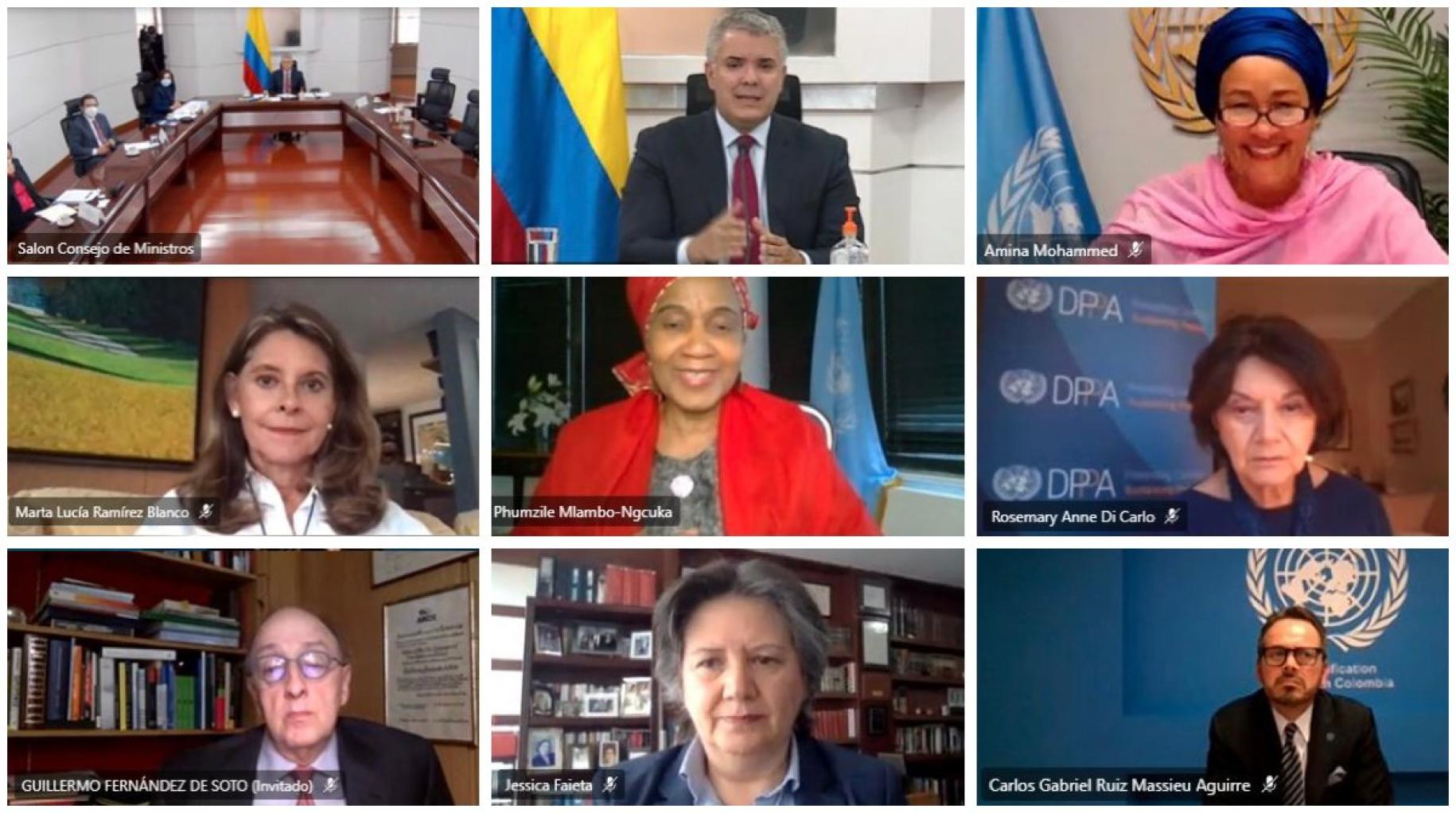 Screenshot of the DSG's virtual visit with representatives, UN and partners of Colombia 
