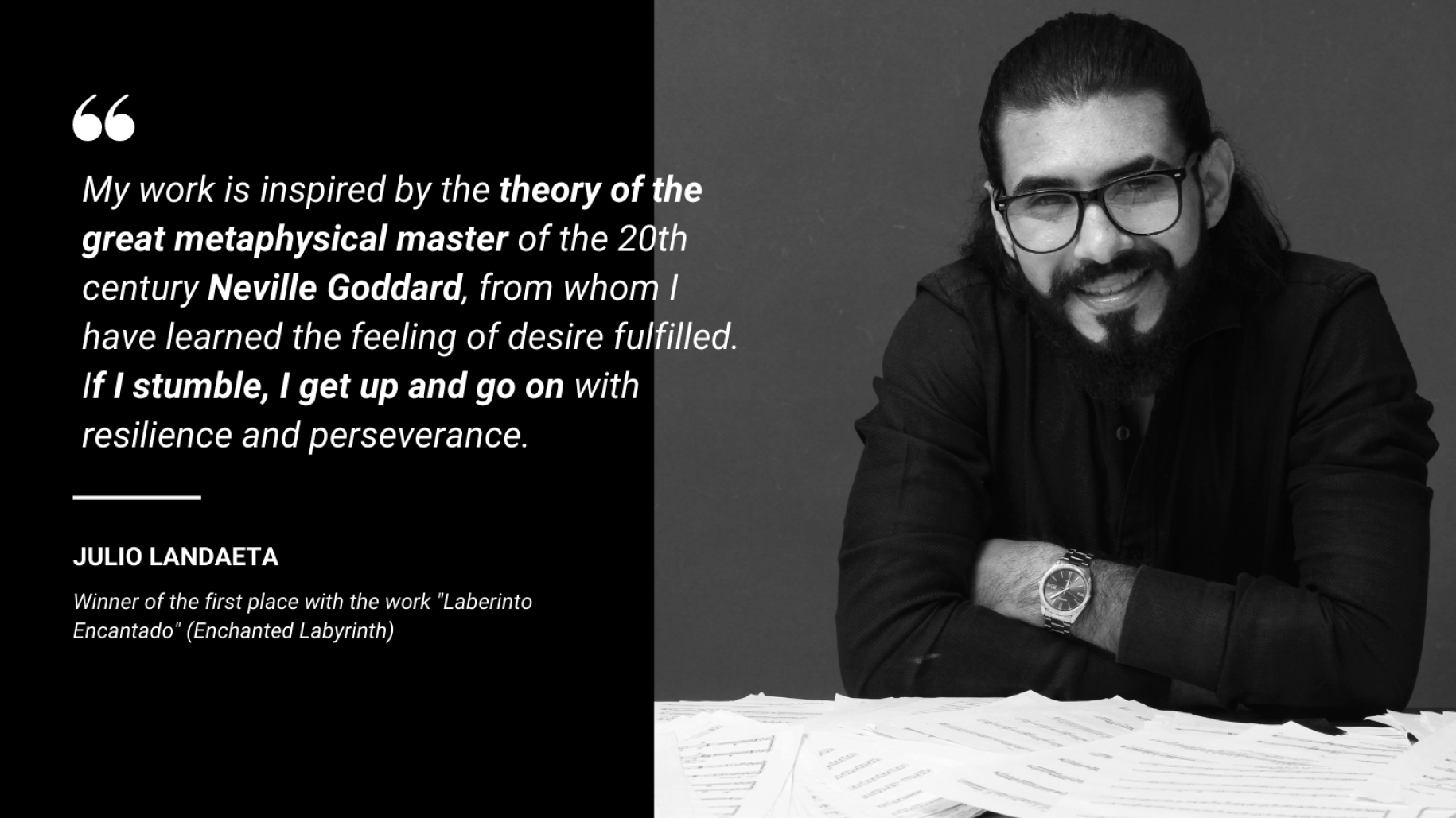 A quote card shows the winning composer, Julio Landaeta with The Enchanted Labyrinth on the right of a quote. 