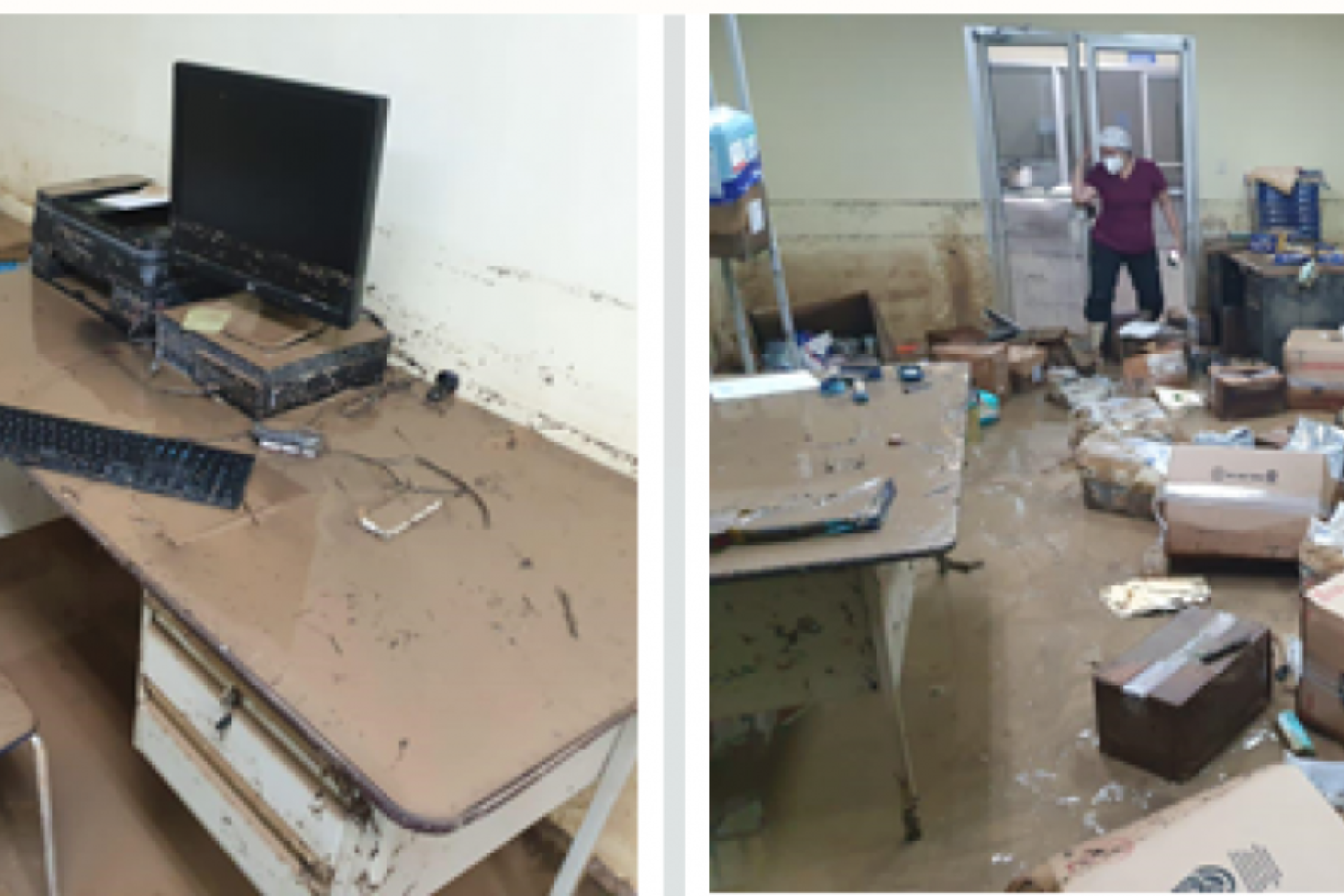 Side-by-side view of a devastated and flooded office space showing damaged equipment and furniture.