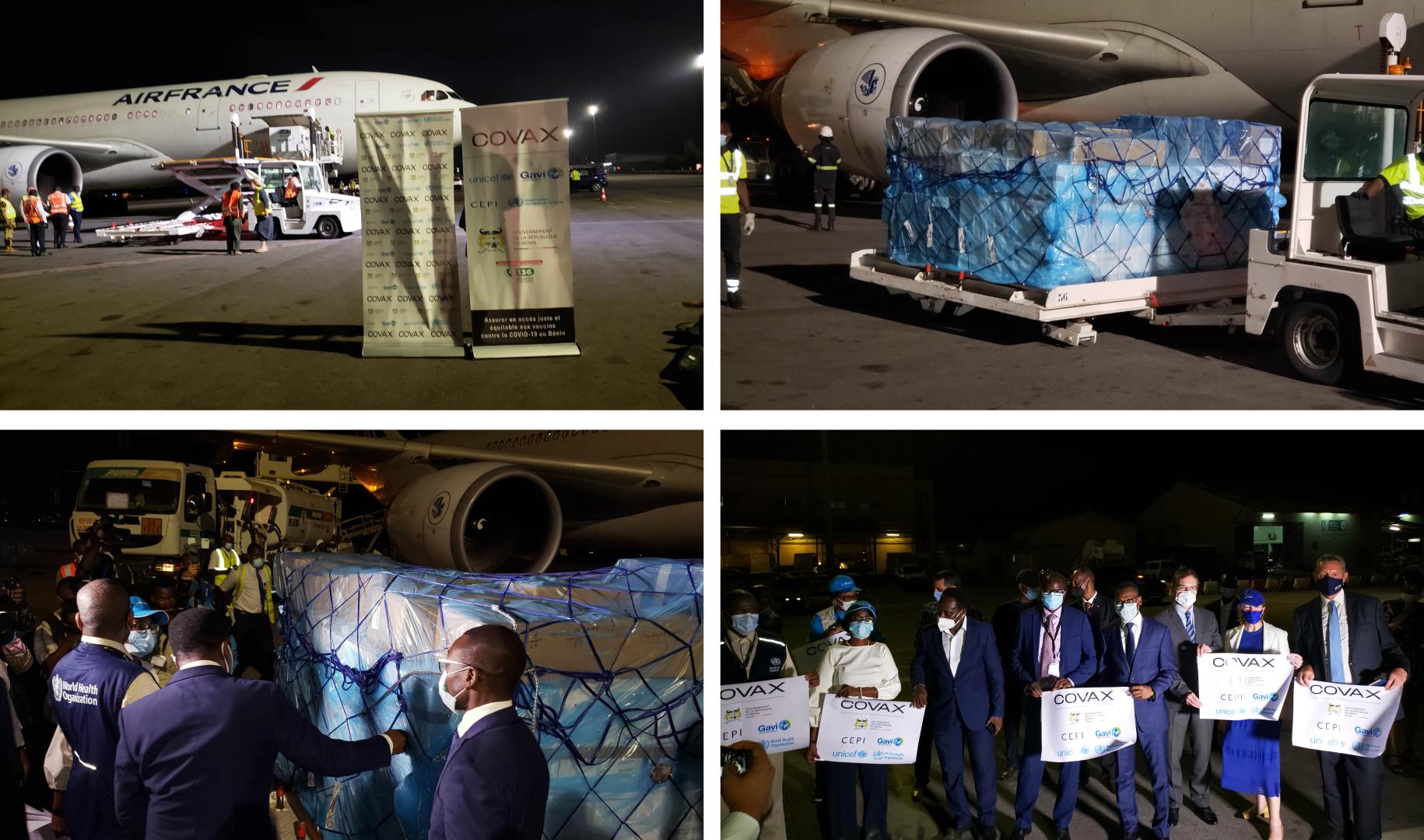 Una cuadrícula de cuatro imágenes muestra la llegada de un avión que contiene las vacunas respaldadas por el mecanismo COVAX. Varias autoridades locales y de la ONU aguardan la llegada.