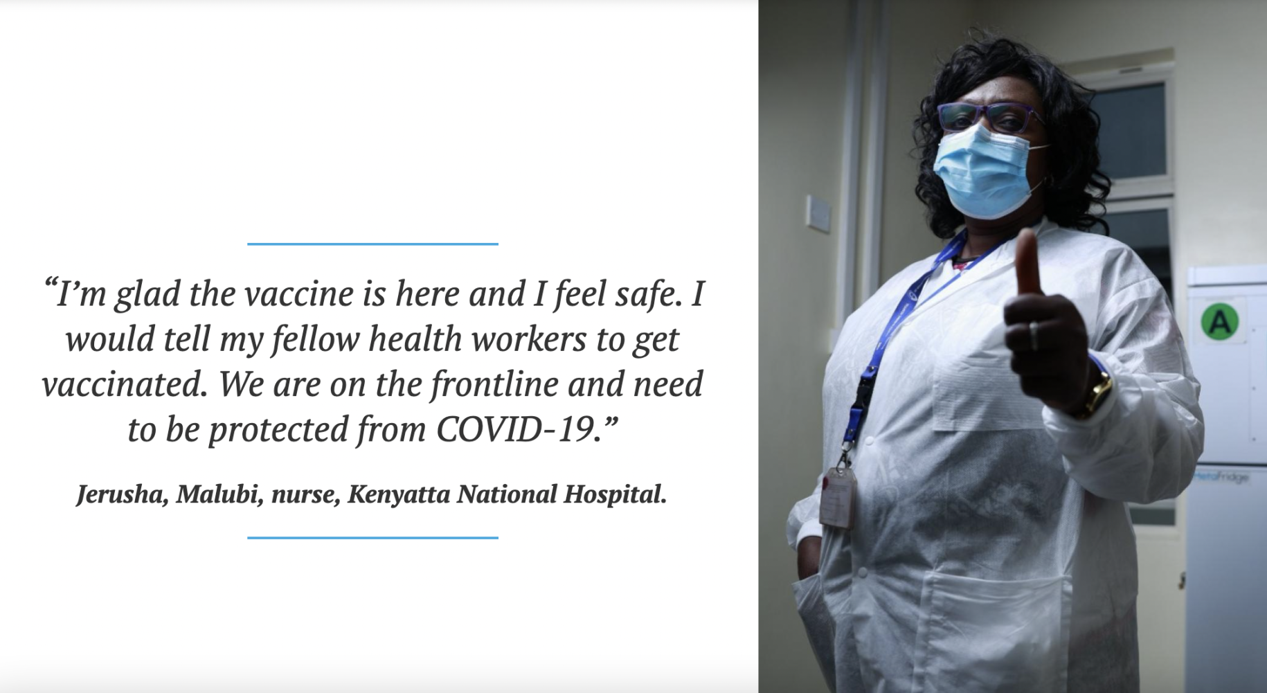 A woman in a white lab coat and blue surgical mask gives the camera thumbs up.
