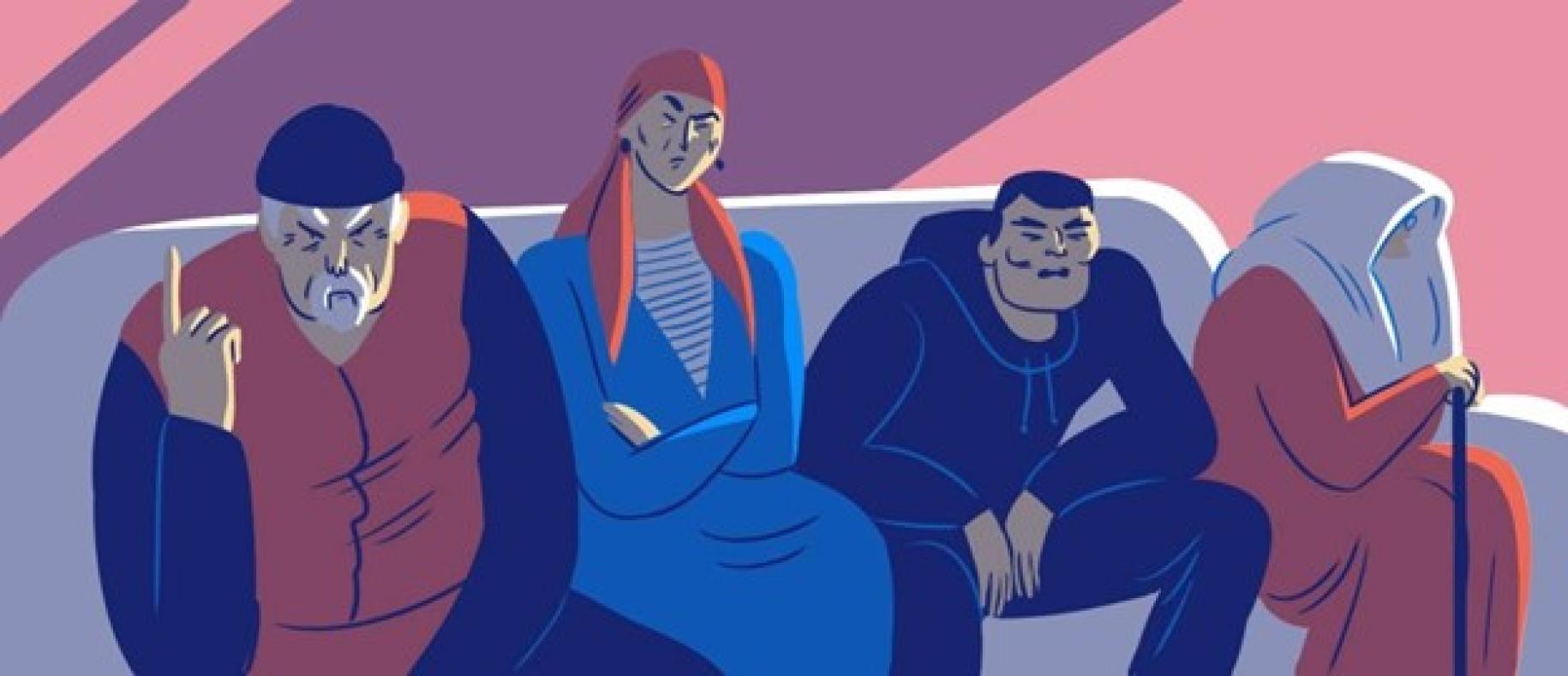 Иллюстрация: четверо человек сидят на диване и зло смотрят на читателя 