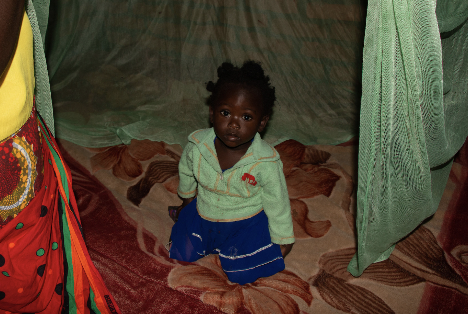 A young girl in a green sweater and shorts sits under a green mosquito net.