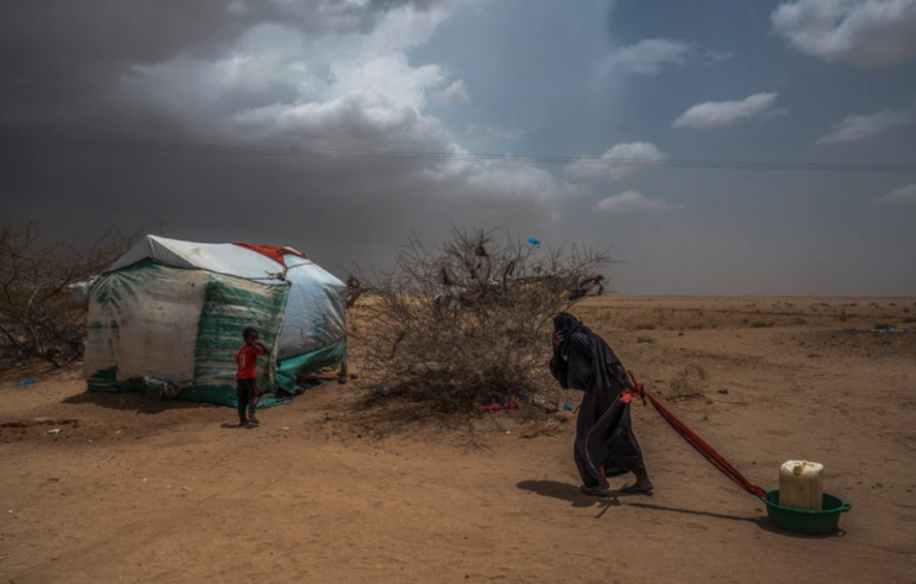 Une femme transporte de l'eau jusqu'à sa tente dans un camp de déplacés tentaculaire situé à Abs, près de la frontière saoudienne, dans le nord du Yémen. 