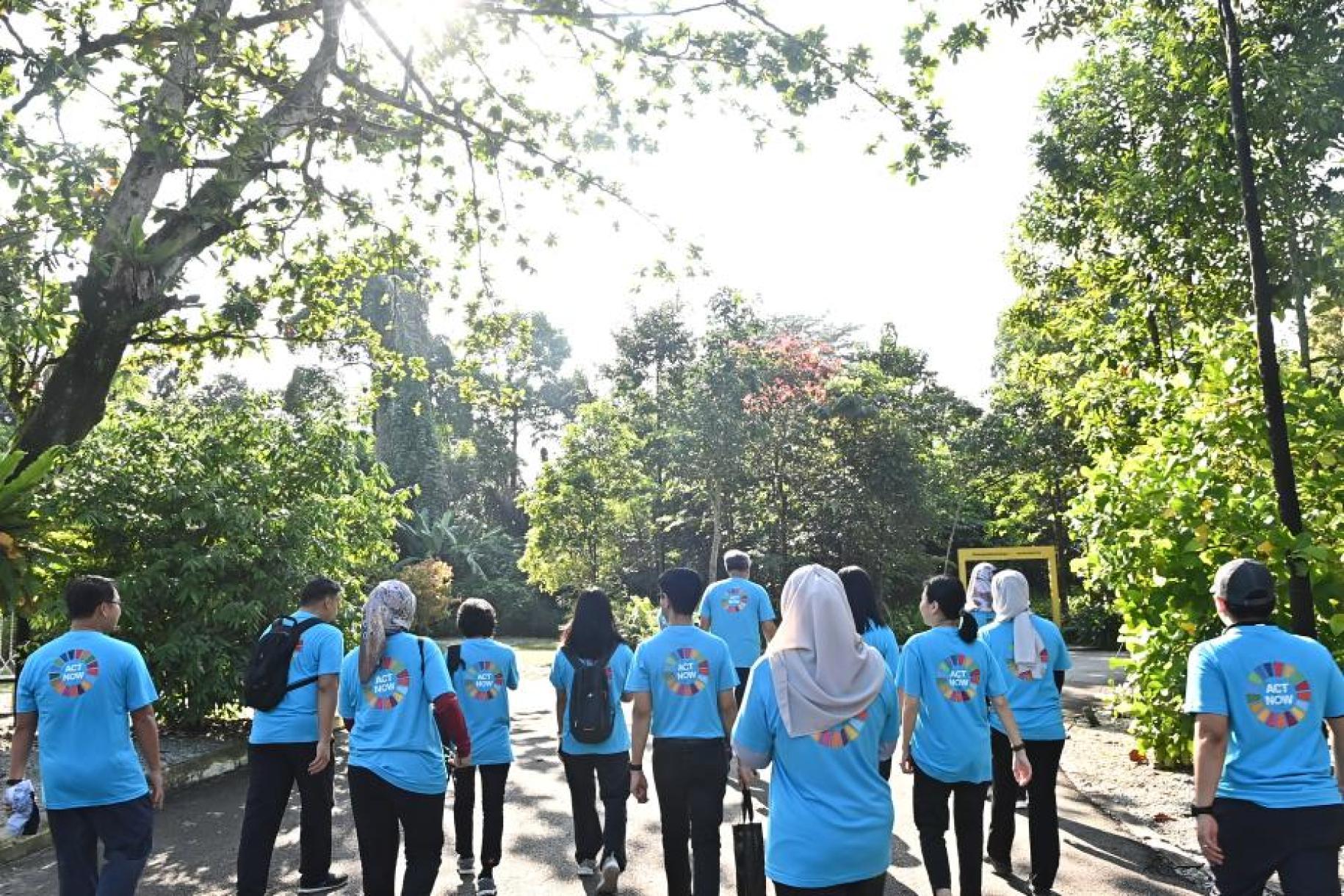 group of people in blue t-shirts walking with their backs turned towards trees