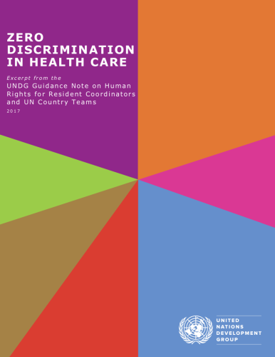 Cover shows the title "Zero Discrimination in Health Care" against colourful diagonal shapes.
