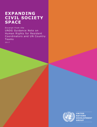 Cover shows the title "Expanding Civil Society Space" against colourful diagonal shapes.