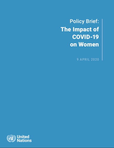 Cover shows the title "Policy Brief: The Impact of COVID-19 on Women" against a solid blue background with the UN emblem on the lower left side.