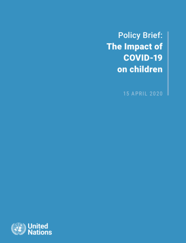 Cover shows the title "Policy Brief: The Impact of COVID-19 on children" against a solid blue background with the UN emblem on the lower left side.