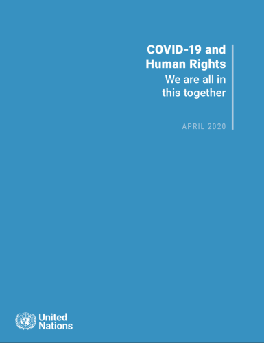 Cover shows the title "COVID-19 and Human Rights We are all in this together" against a solid blue background with the UN emblem on the lower left side.