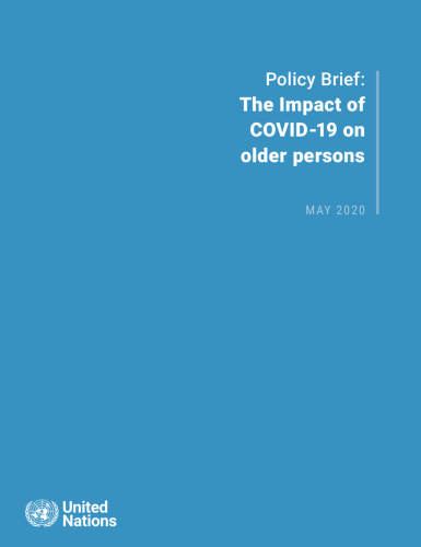 Cover shows the title "Policy Brief: The Impact of COVID-19 on older persons" against a solid blue background with the UN emblem on the lower left side.