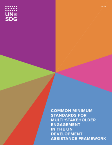 Cover of publication shows colourful diagonal shapes with the UNSDG logo at the top left and title on the bottom right.