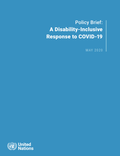 Cover shows the title "Policy Brief: A Disability-Inclusive Response to COVID-19" against a solid blue background with the UN emblem on the lower left side.
