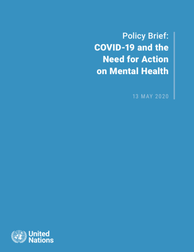 Cover shows the title "Policy Brief: The Impact of COVID-19 on Mental Health" against a solid blue background with the UN emblem on the lower left side.