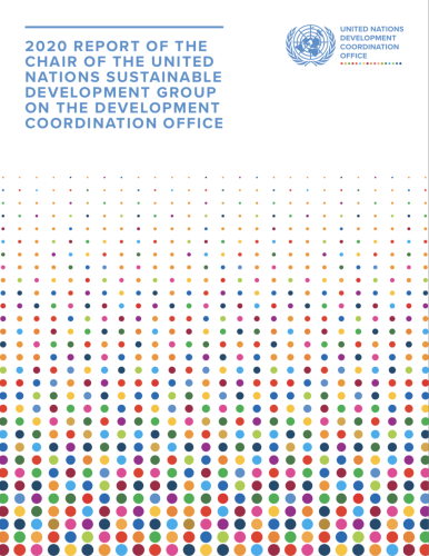 Cover shows the title "2020 Report of the Chair of the United Nations Sustainable Development Group on the Development Coordination Office" above a gradient of colourful dots underneath and the UNSDG logo to the right.