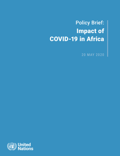Cover shows the title "Policy Brief: The Impact of COVID-19 in Africa" against a solid blue background with the UN emblem on the lower left side.