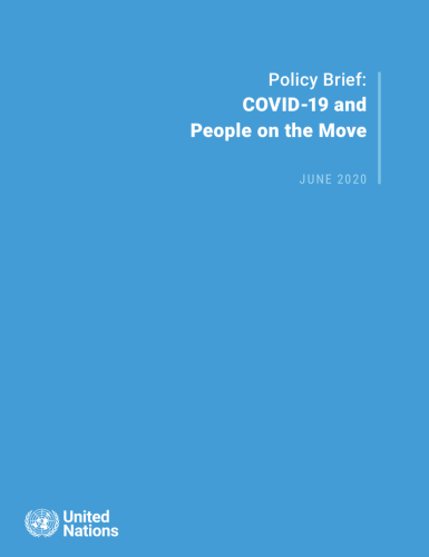 Cover shows the title "Policy Brief: COVID-19 and People on the Move" against a solid blue background with the UN emblem on the lower left side.