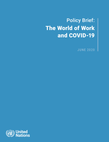 Cover shows the title "Policy Brief: The World of Work and COVID-19" against a solid blue background with the UN emblem on the lower left side.
