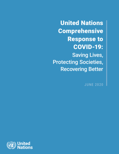图中为报告标题“2019冠状病毒病——联合国全面应对举措：拯救生命、 保护社会、 实现更好恢复”