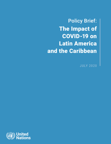 Cover shows the title "Policy Brief: The Impact of COVID-19 on Latin America and the Caribbean" against a solid blue background with the UN emblem on the lower left side.