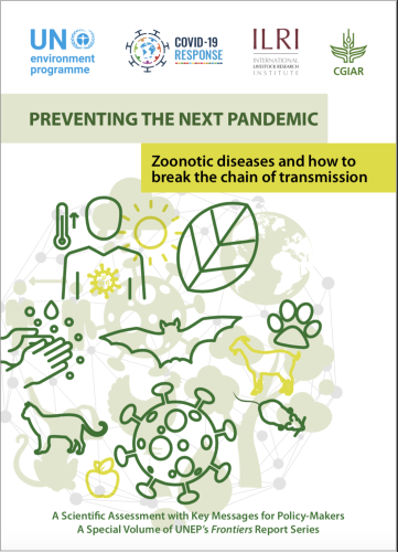 The cover shows the title "Preventing the Next Pandemci: Zoonotic diseases and how to break the chain of transmission" above various illustrations of animals, outline of a person, hands and virus.
