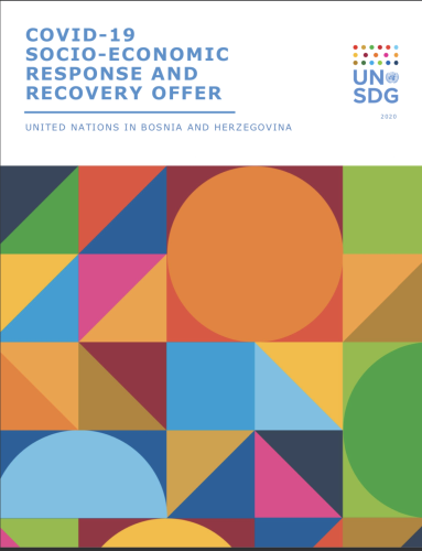 Cover shows the title "COVID-19 Socio-economic Response and Recover Offer for Bosnia and Herzegovina" above colourful geometric shapes.