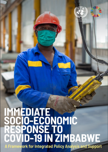 Cover shows the title, "Immediate Socio-Economic Response to COVID-19 in Zimbabwe," over an image of a machine operator wearing a protective face mask as he works.