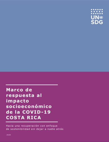 Cover shows the title " Response Framework for Socio-Economic Impact to Covid-19 in Costa Rica" in Spanish against a solid purple and blue background.