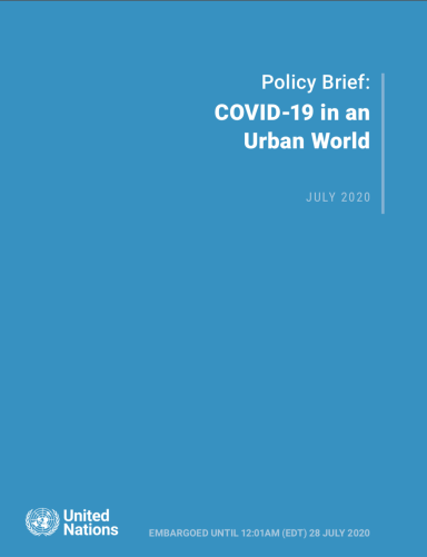 Cover shows the title "Policy Brief: COVID-19 in an Urban World" against a solid blue background with the UN emblem on the lower left side.