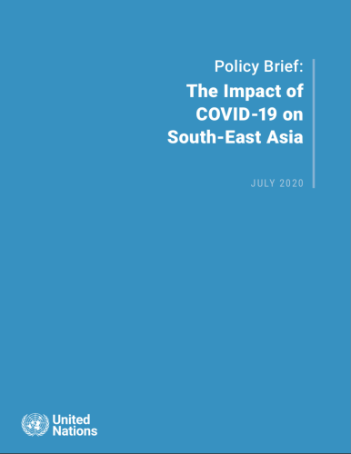 Cover shows the title "Policy Brief: The Impact of COVID-19 on South-East Asia" against a solid blue background with the UN emblem on the lower left side.