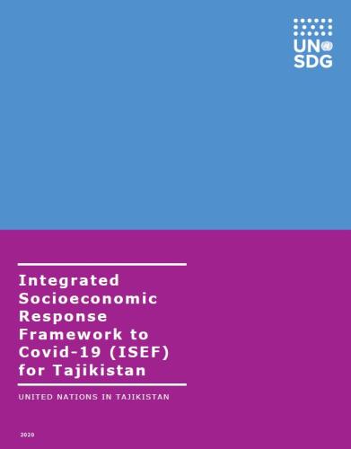 Cover shows the title "Integrated Socioeconomic Response Framework to Covid-19 for Tajikistan", over blue and purple background 