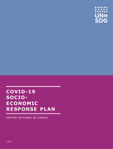Cover shows the title "COVID-19 Socio-Economic Response Plan for Samoa", over blue and purple background