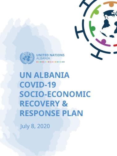 Cover shows the title "UN ALBANIA COVID-19 SOCIO-ECONOMIC RECOVERY & RESPONSE PLAN" over white and blue background