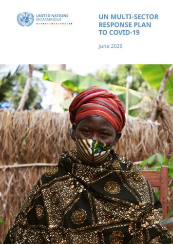 Cover shows the title "UN Multi-Sector Response Plan to COVID-19 for Mozambique" and a woman wearing a mask and red head scalf