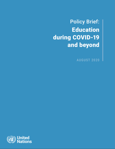 Cover shows the title "Policy Brief: Education during COVID-19 and beyond" against a solid blue background with the UN emblem on the lower left side.