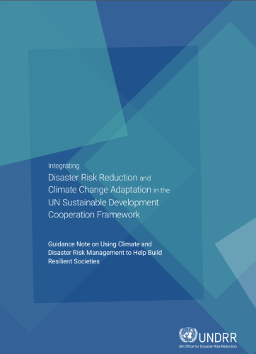 Cover shows the title "Integrating Disaster Risk Reduction and Climate Change Adaptation in the UN Sustainable Development Cooperation Framework" and subtitle against blue and teal collage of shapes.
