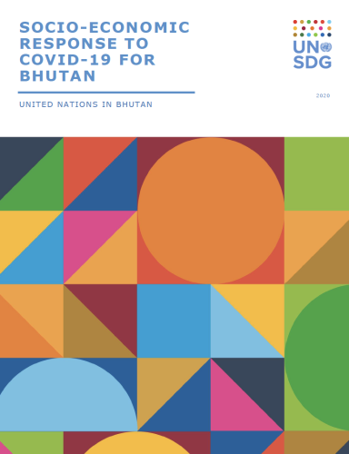 Cover shows the title, "Socio-Economic Response to COVID-19 for Bhutan" above colourful diagonal shapes.