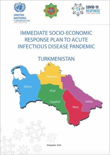 Cover shows the title, "Immediate Socio-Economic Response Plan to Acute Infectious Disease Pandemic for Turkmenistan" above the Turkmenistan map.