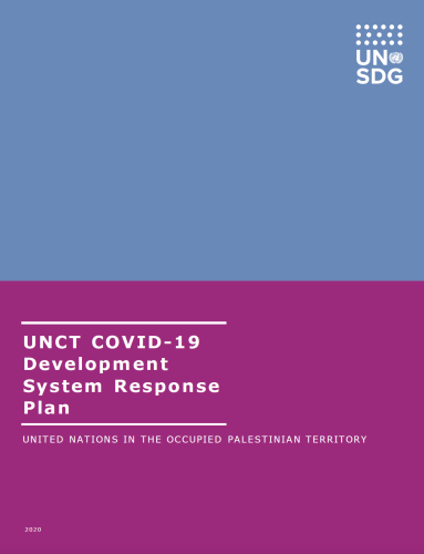 Cover shows the title "UNCT COVID-19 Development System Response Plan for Occupied Palestinian Territory" over blue and purple background.